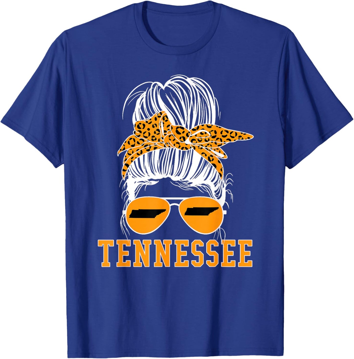 Tennessee TN State Women Leopard Messy Bun Orange Text T-Shirt - T-Shirt | Royal