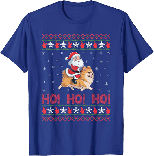 Ho Ho Ho Santa Riding Pomeranian Dog Ugly Christmas Sweater Men Women Kids T-Shirt - T-Shirt | Royal
