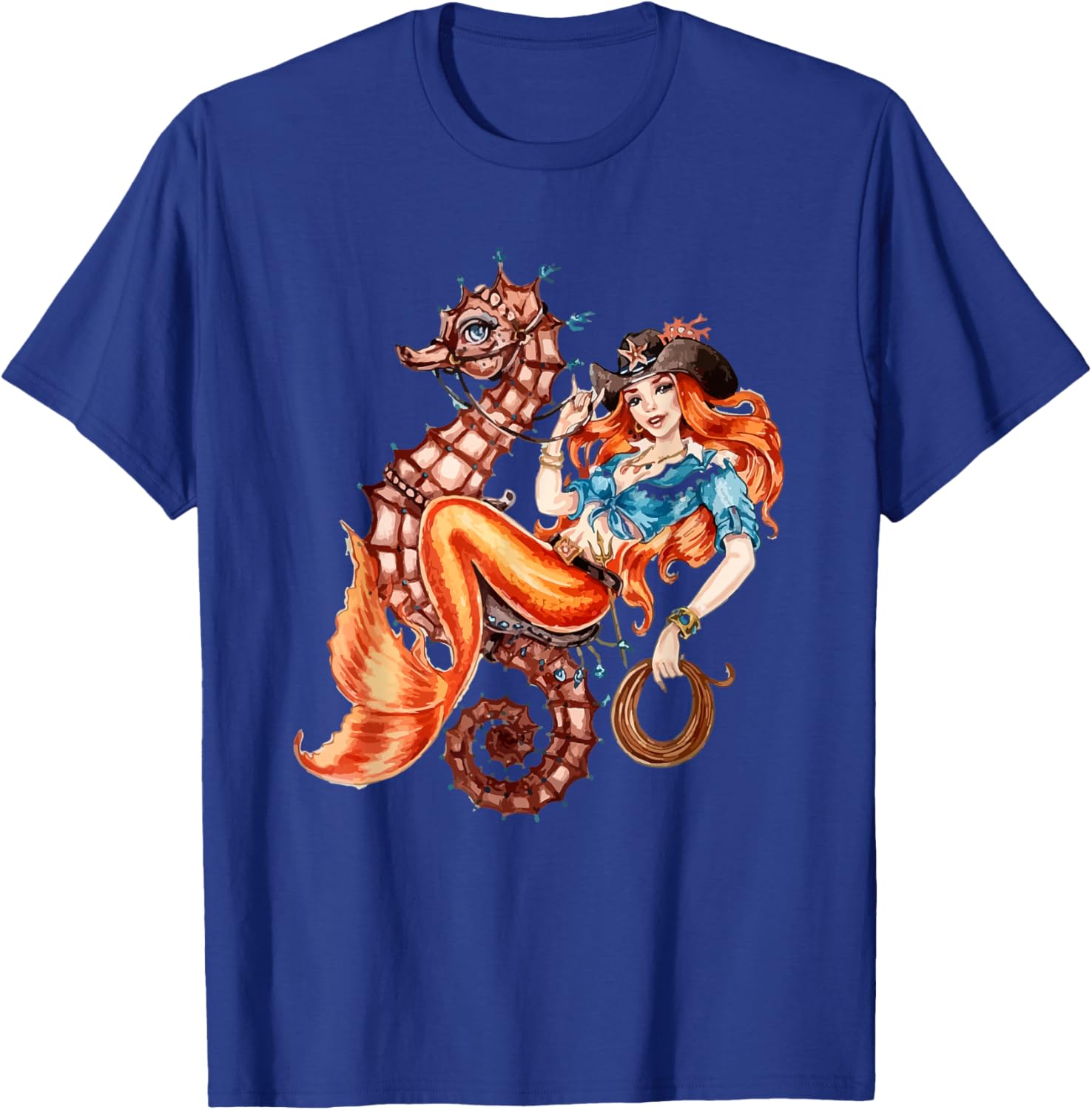 Mermaid Riding Seahorse Vintage Retro Cowgirl Rodeo T-Shirt - T-Shirt | Royal