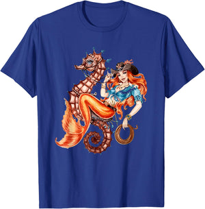 Mermaid Riding Seahorse Vintage Retro Cowgirl Rodeo T-Shirt - T-Shirt | Royal