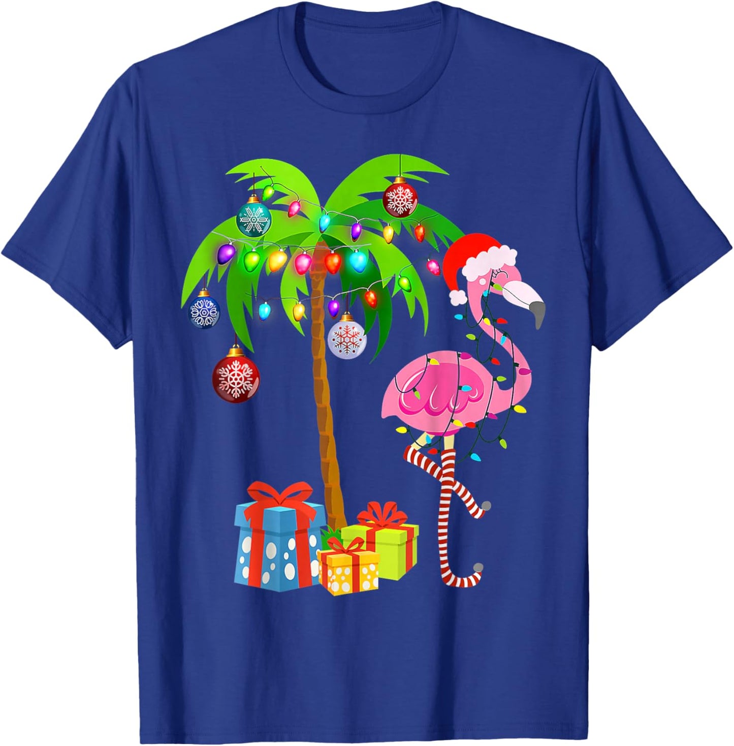Pink Flamingo Christmas Palm Tree Tropical Xmas Holiday T-Shirt - T-Shirt | Royal