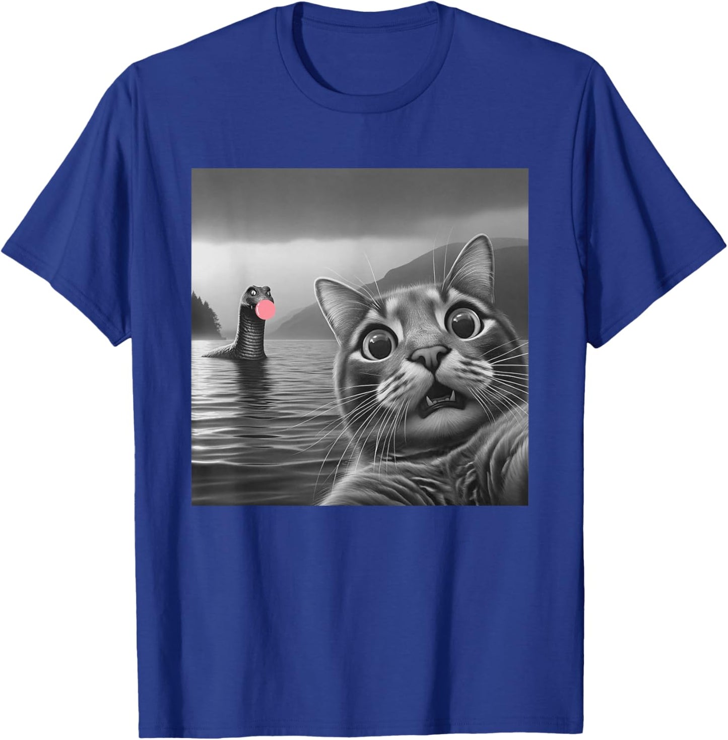 Funny Surprised Cat Selfie with Loch Ness Monster, Bubble Women Girls Kids T-Shirt - T-Shirt | Royal