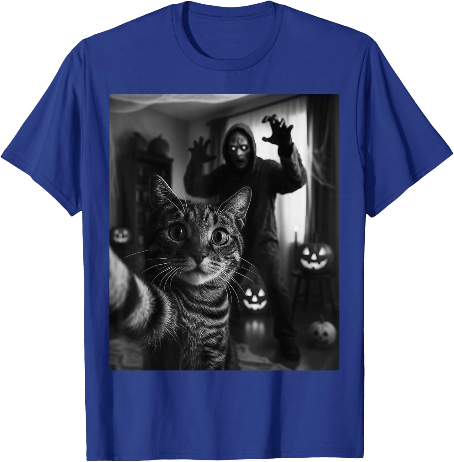 Funny Cat Selfie with Skeleton Scary Halloween Meme T-Shirt - T-Shirt | Royal