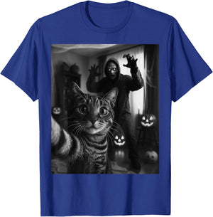 Funny Cat Selfie with Skeleton Scary Halloween Meme T-Shirt - T-Shirt | Royal