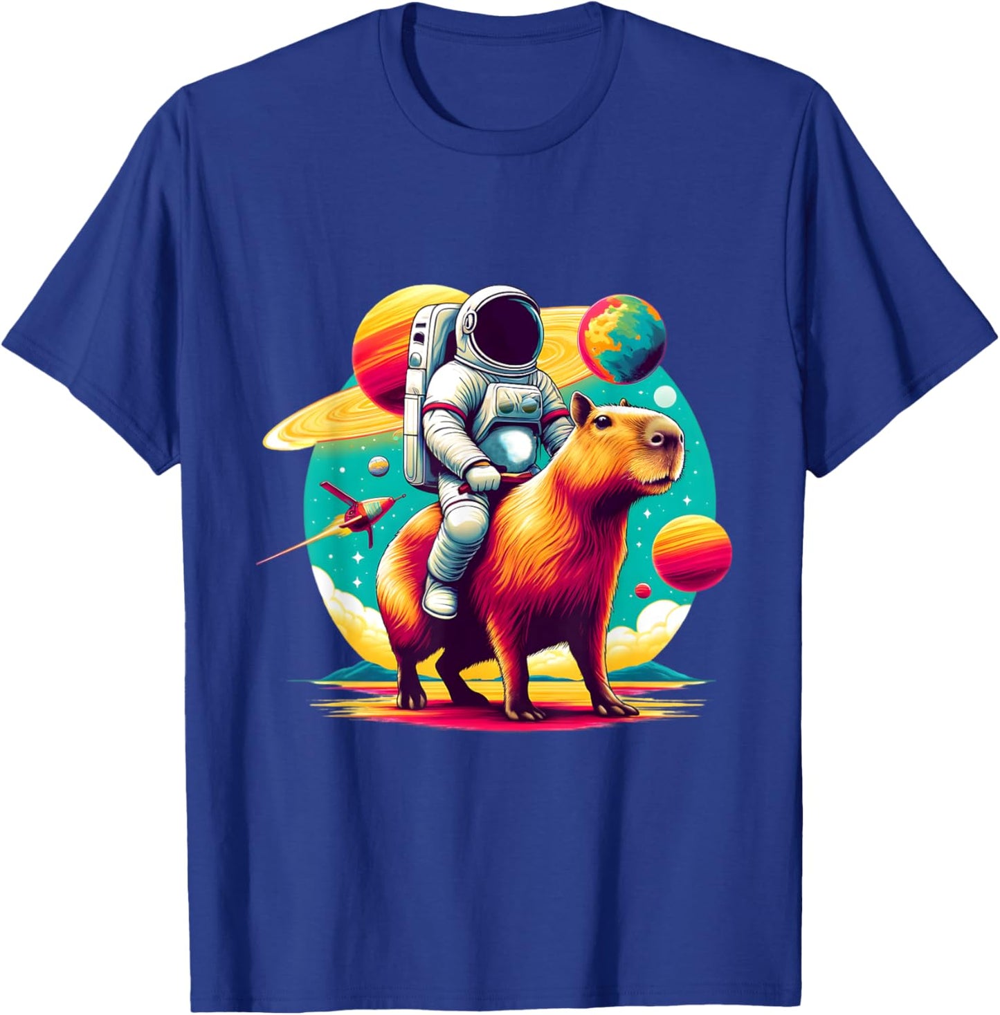Space Astronaut Riding Capybara Lover Men Boys Funny Graphic T-Shirt - T-Shirt | Royal
