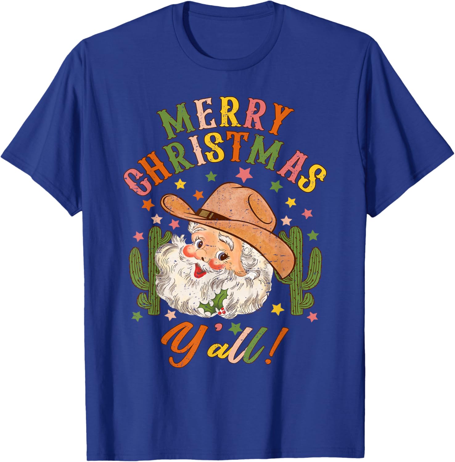 Merry Christmas Y'all Howdy Santa Cowgirl Cowboy Hat Xmas T-Shirt - T-Shirt | Royal