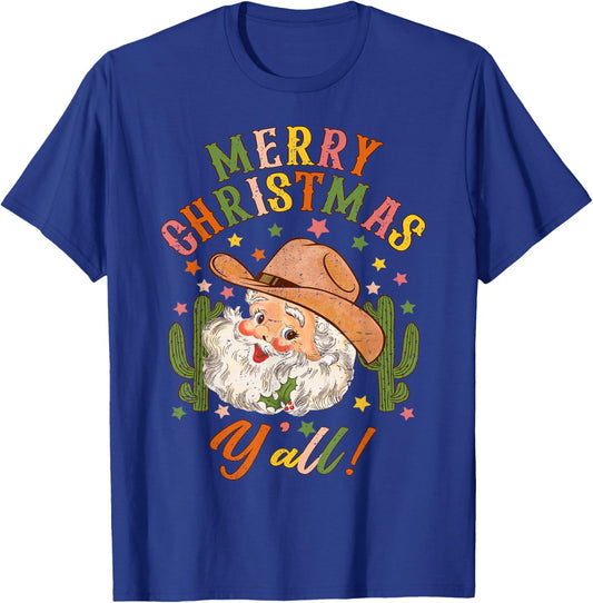 Merry Christmas Y'all Howdy Santa Cowgirl Cowboy Hat Xmas T-Shirt - T-Shirt | Royal