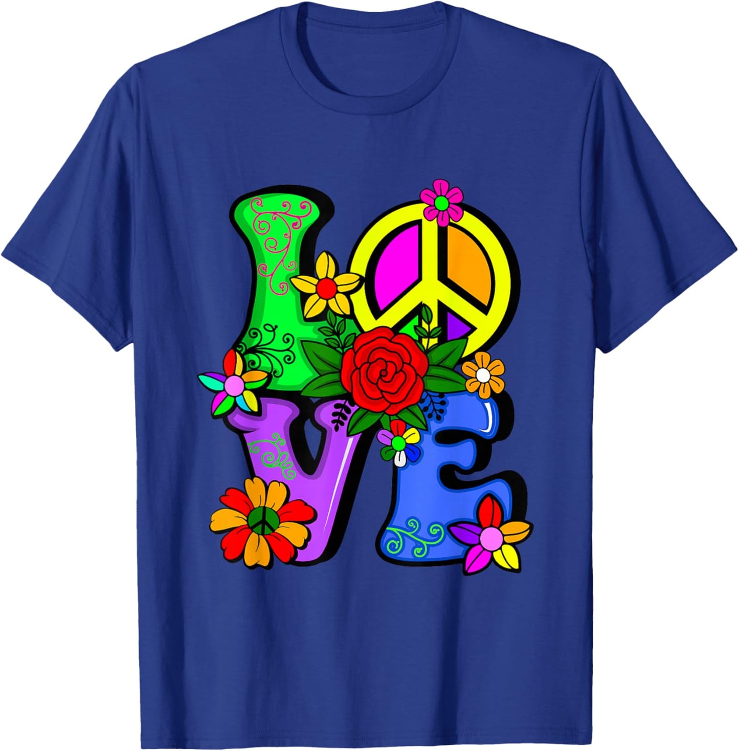 Retro 60's 70's Flower Power Hippy, Groovy Love Peace Hippie T-Shirt - T-Shirt | Royal