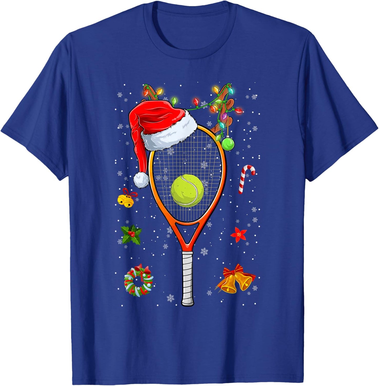 Funny Tennis Racket Reindeer Santa Hat Christmas Lights Xmas T-Shirt - T-Shirt | Royal