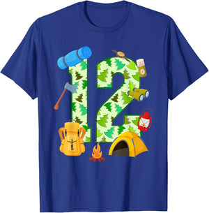 12th Birthday Camping Theme 12 Year Old Birthday Kids T-Shirt - T-Shirt | Royal