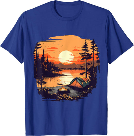 Camping Tent Outdoors Mountains Vintage Sunset T-Shirt - T-Shirt | Royal