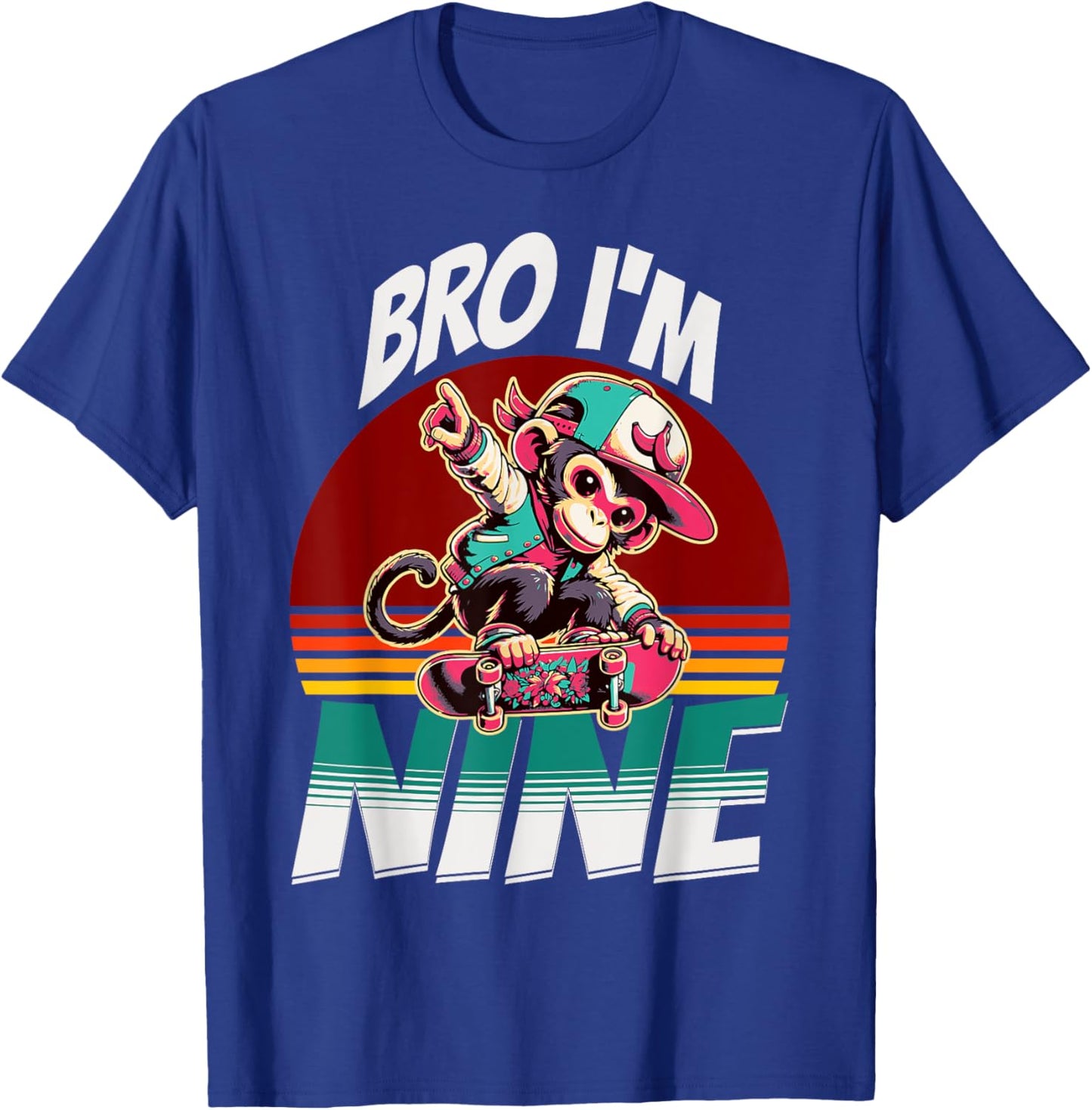 Bro I'm Nine 9th Birthday Monkey Lovers Skateboard Bday T-Shirt - T-Shirt | Royal