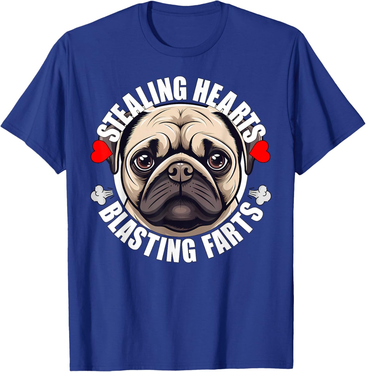 Funny Pug Stealing Hearts Blasting Farts Puppy Dog Lover T-Shirt - T-Shirt | Royal