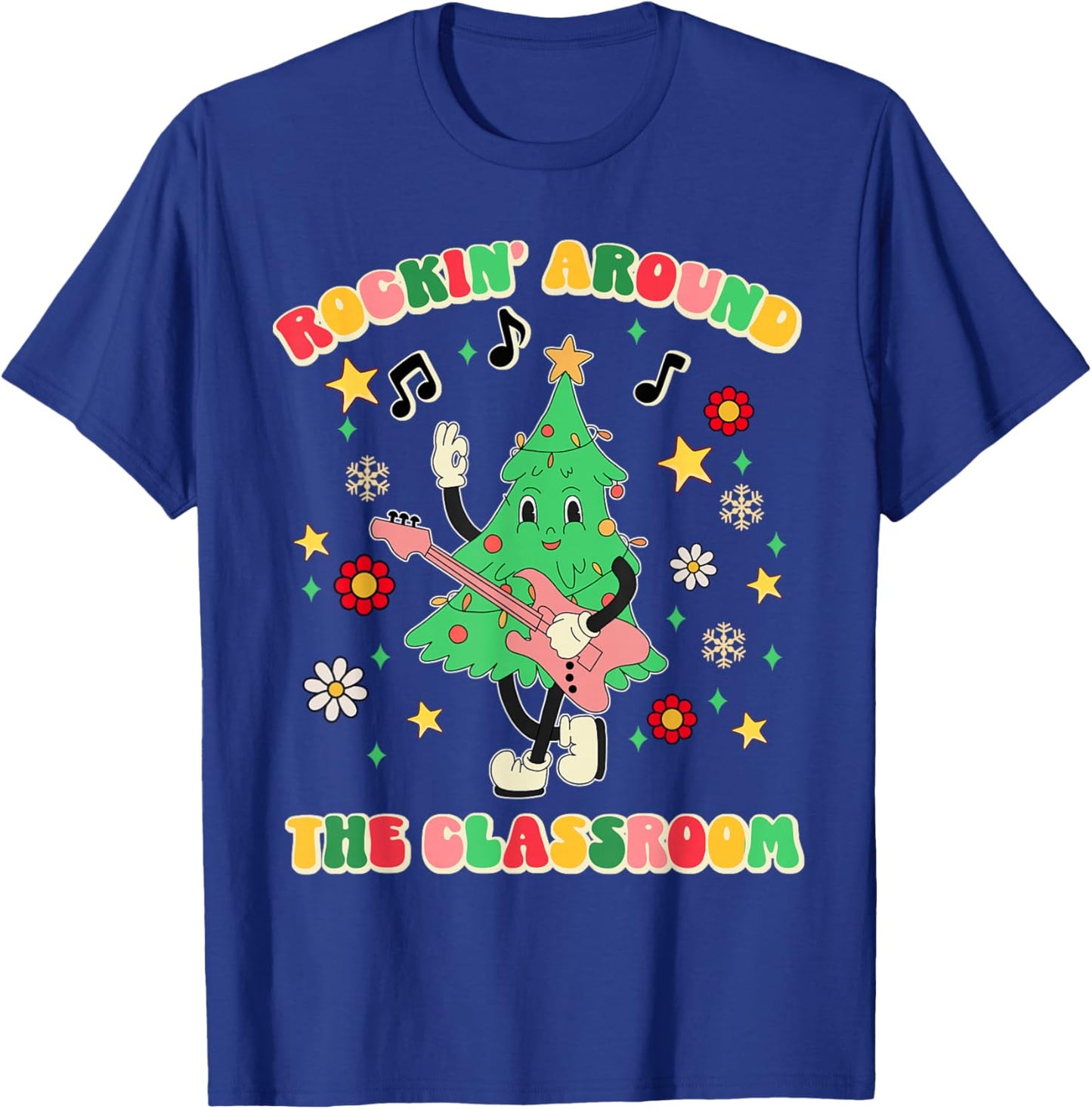 Teacher Christmas Gifts Shirts Pajama Matching Rockin' Around The Classroom -Adult Black Short Sleeve Small Modern Festive Christmas Teacher Xmas Vibes T-Shirt - T-Shirt | Royal