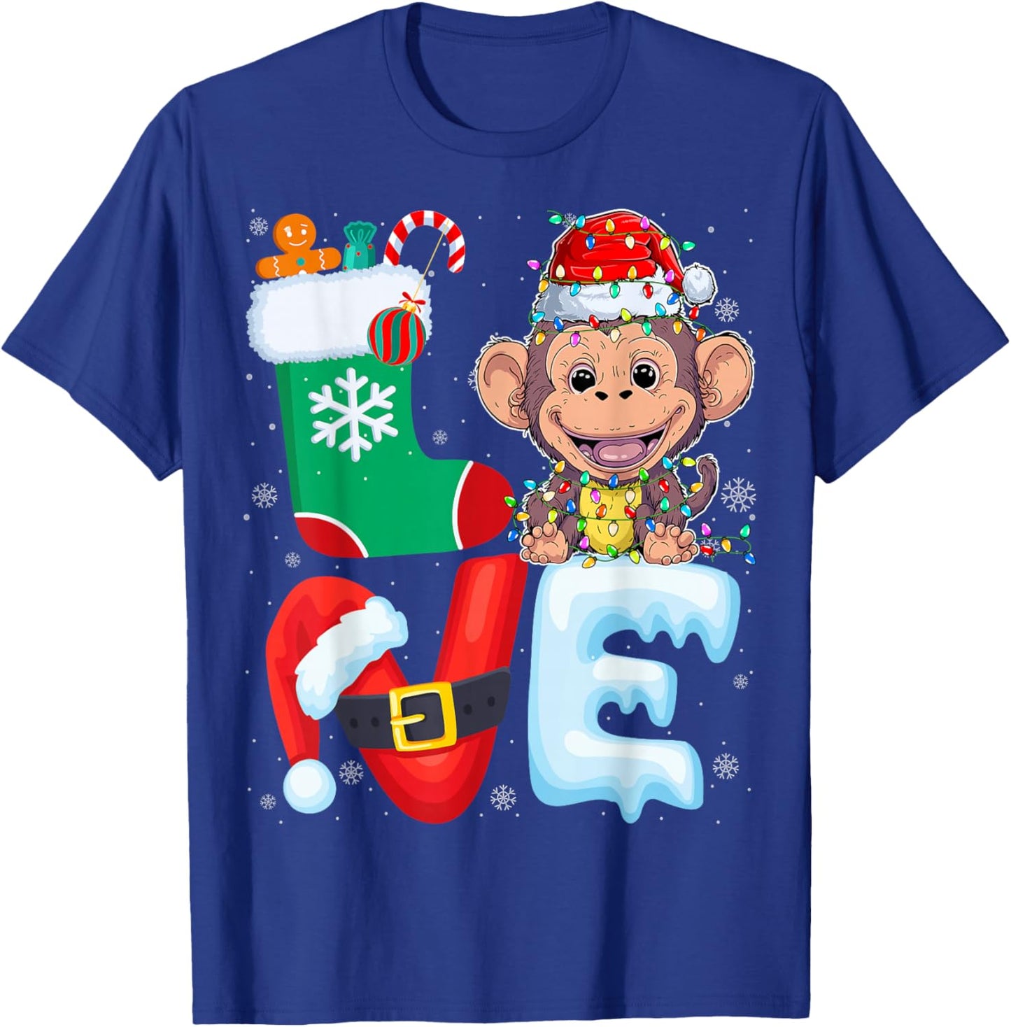 Monkey Wearing Santa Hat Xmas Lights Tree Christmas Monkey T-Shirt - T-Shirt | Royal
