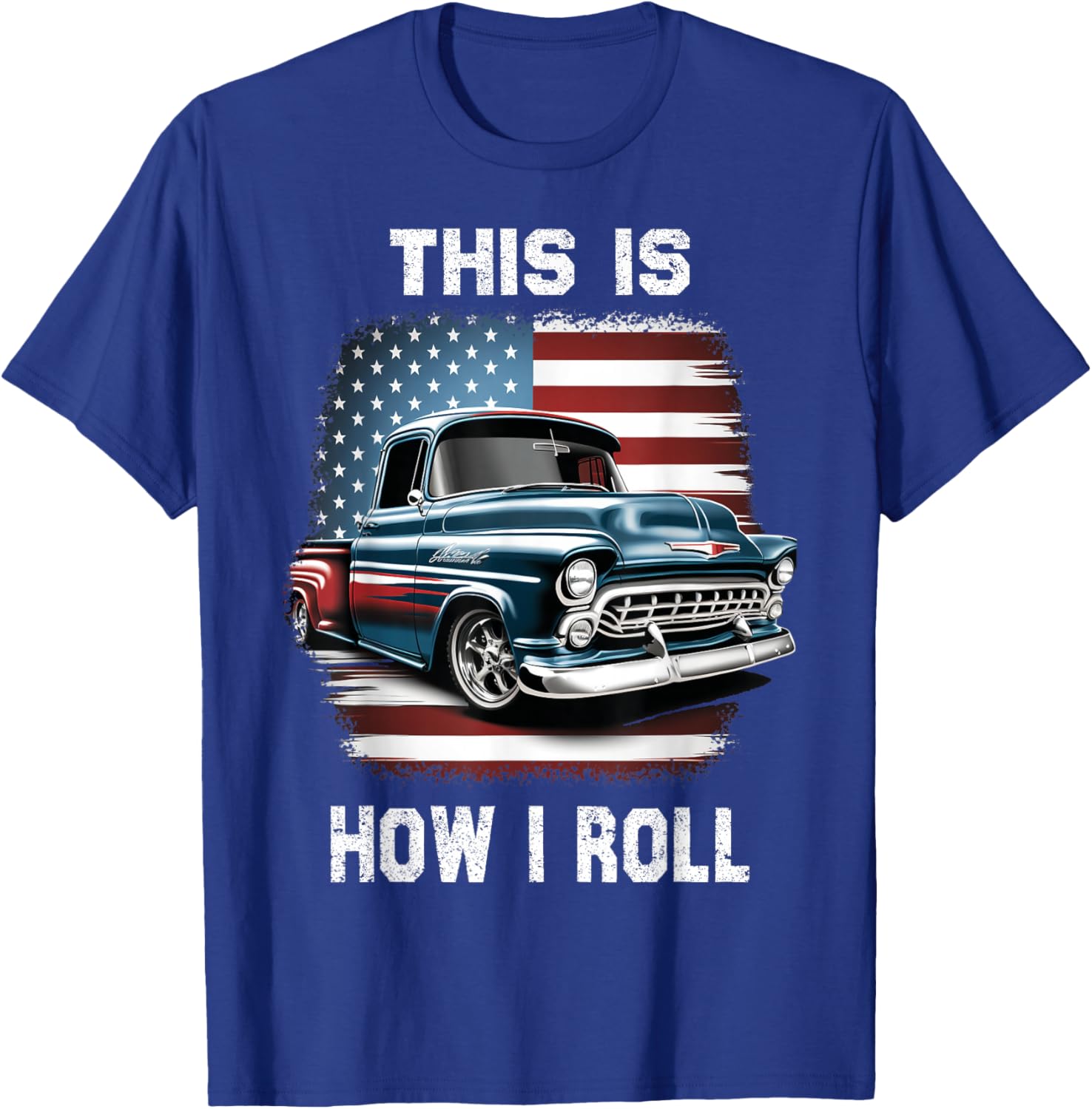 Classic Old Pickup Truck American Flag 4th of July Patriotic T-Shirt - T-Shirt | Royal