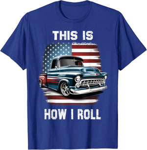 Classic Old Pickup Truck American Flag 4th of July Patriotic T-Shirt - T-Shirt | Royal