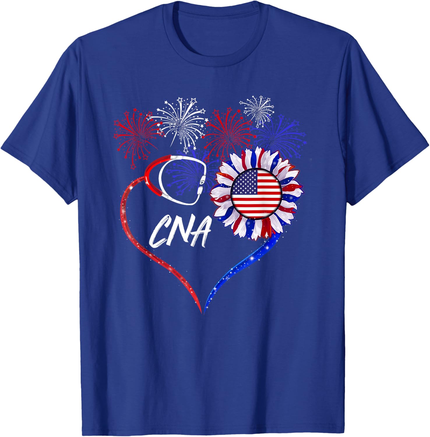 Patriotic Nurse CNA 4th Of July American Flag Sunflower Love Women Men T-Shirt - T-Shirt | Royal