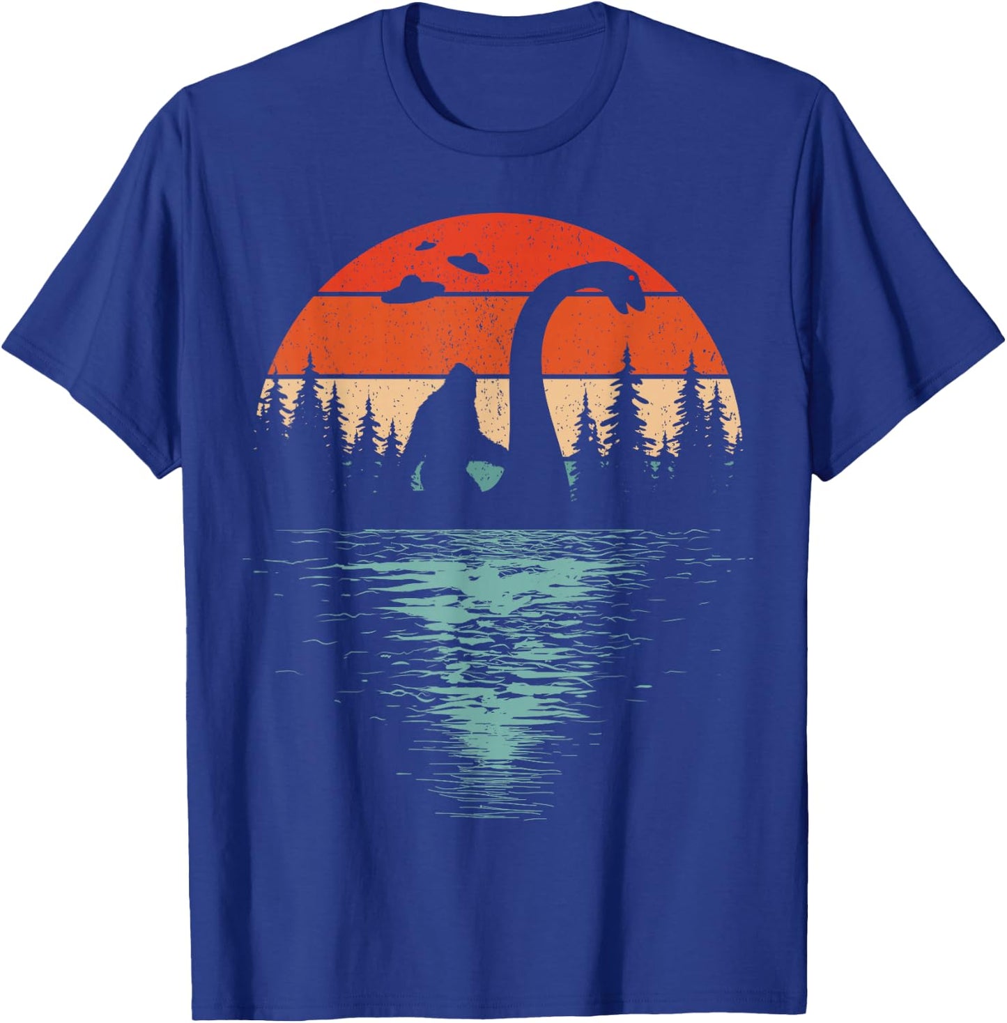 Bigfoot Riding Loch Ness Monster 80s Funny Sasquatch Nessie T-Shirt - T-Shirt | Royal