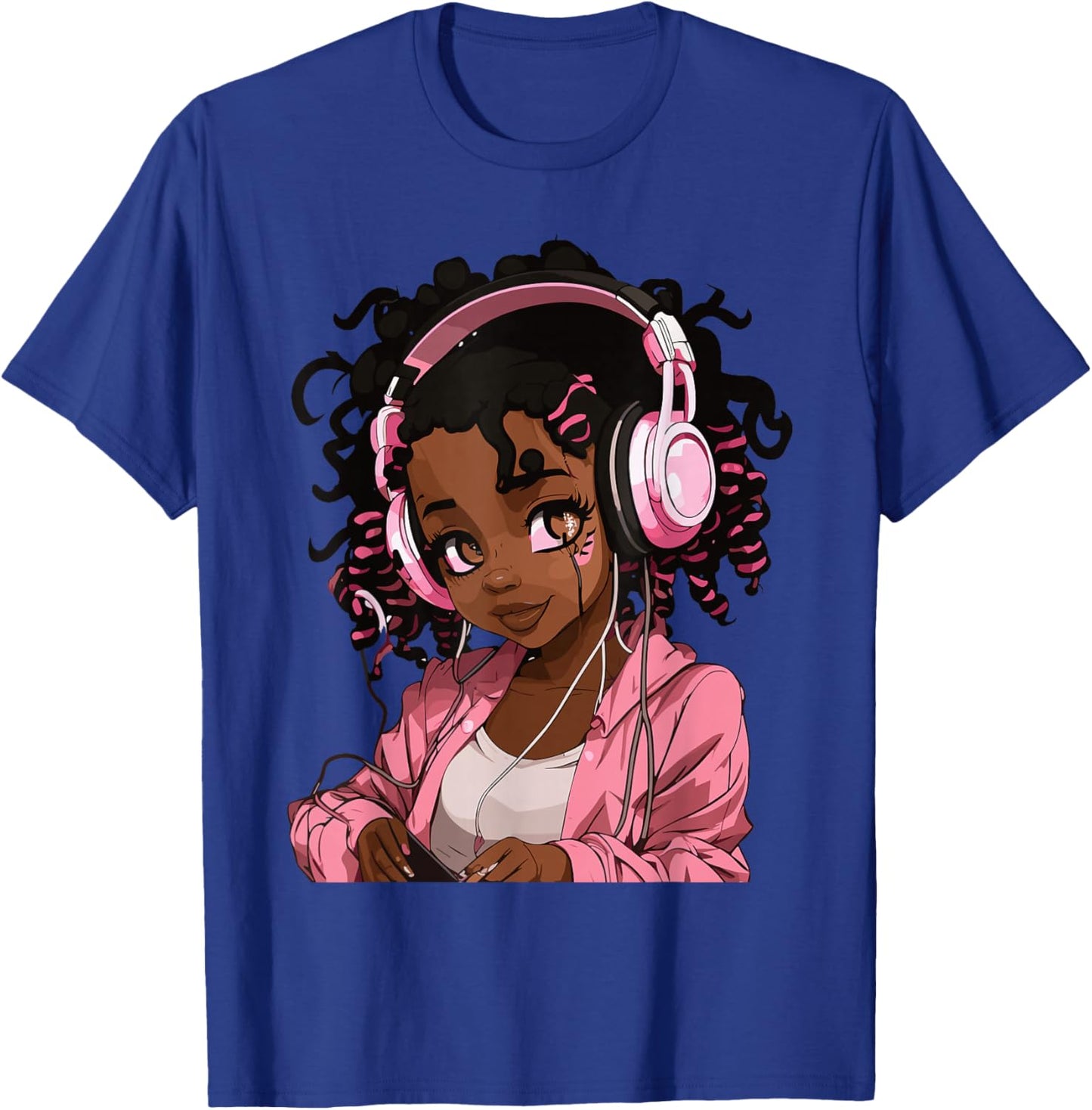 Anime and Music Black Girl Anime Merch Afro African American T-Shirt - T-Shirt | Royal
