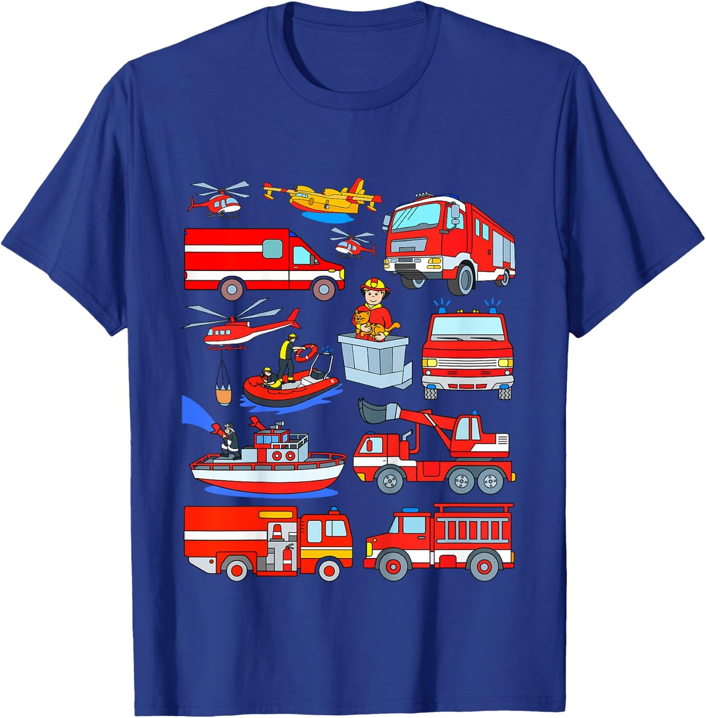 Kids Fire Truck Fireman Cat Rescue Boat Plane Firefighters Boy T-Shirt - T-Shirt | Royal