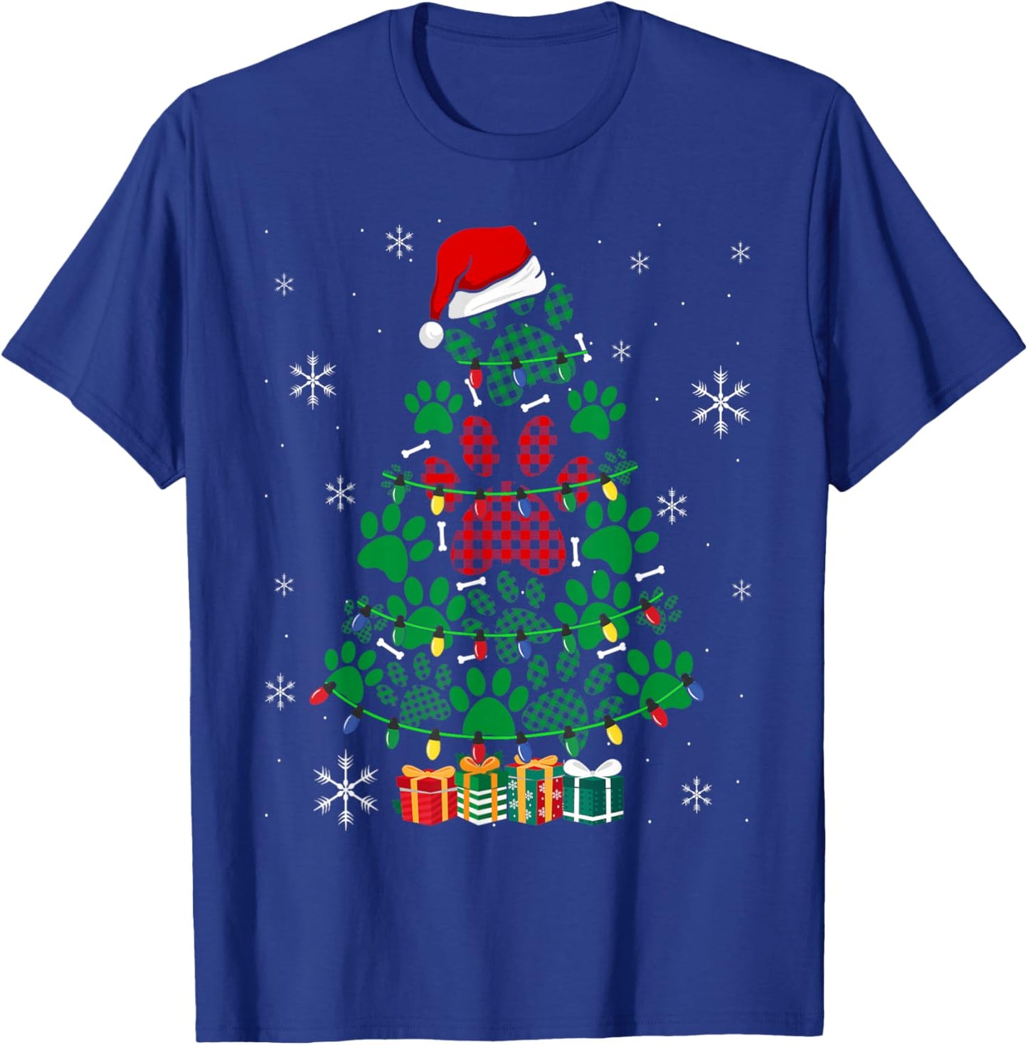 Paws Print Christmas Tree Dog or Cat with Santa Lights T-Shirt - T-Shirt | Royal