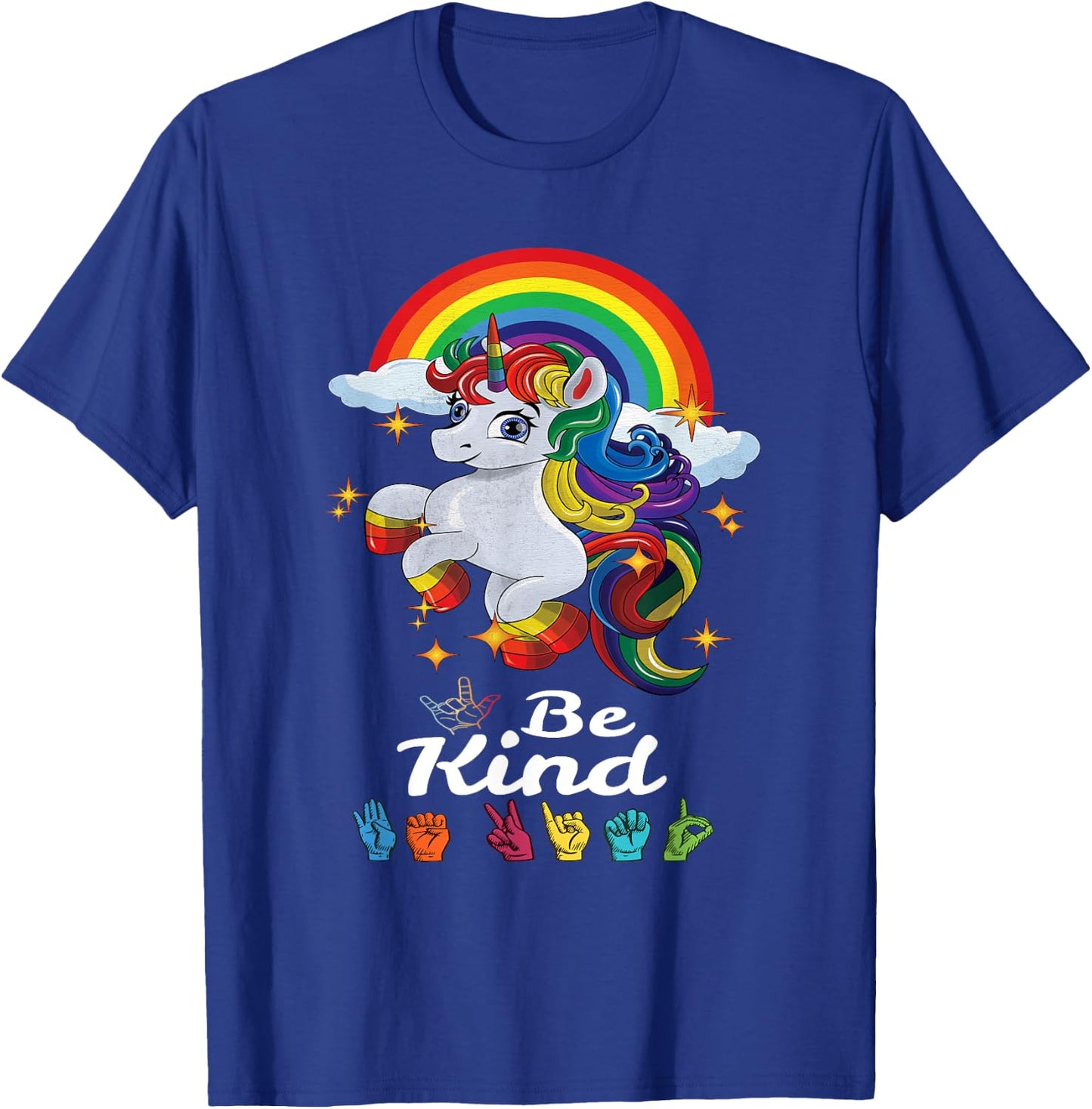 Be Kind Love ASL Teacher American Sign Language Girl Unicorn T-Shirt - T-Shirt | Royal