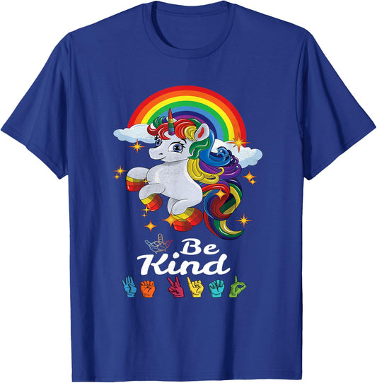 Be Kind Love ASL Teacher American Sign Language Girl Unicorn T-Shirt - T-Shirt | Royal