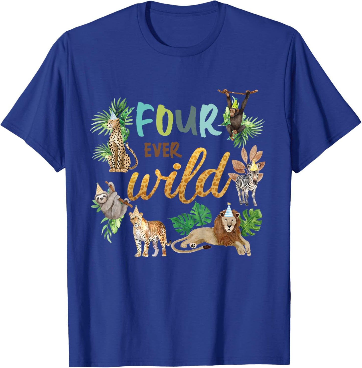 Kids Four Ever Wild 4th Birthday Boy Zoo Safari Jungle Theme Son T-Shirt - T-Shirt | Royal