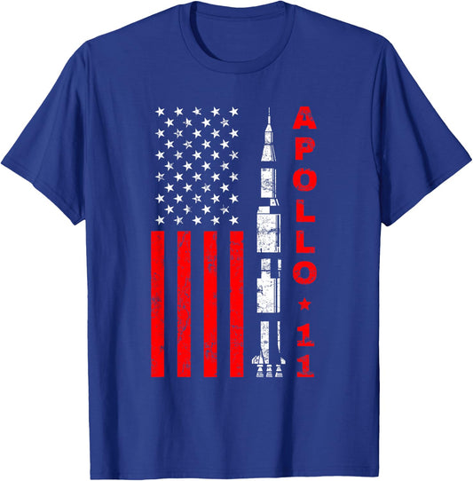 Apollo 11 Saturn V Rocket USA Flag T-Shirt - T-Shirt | Royal