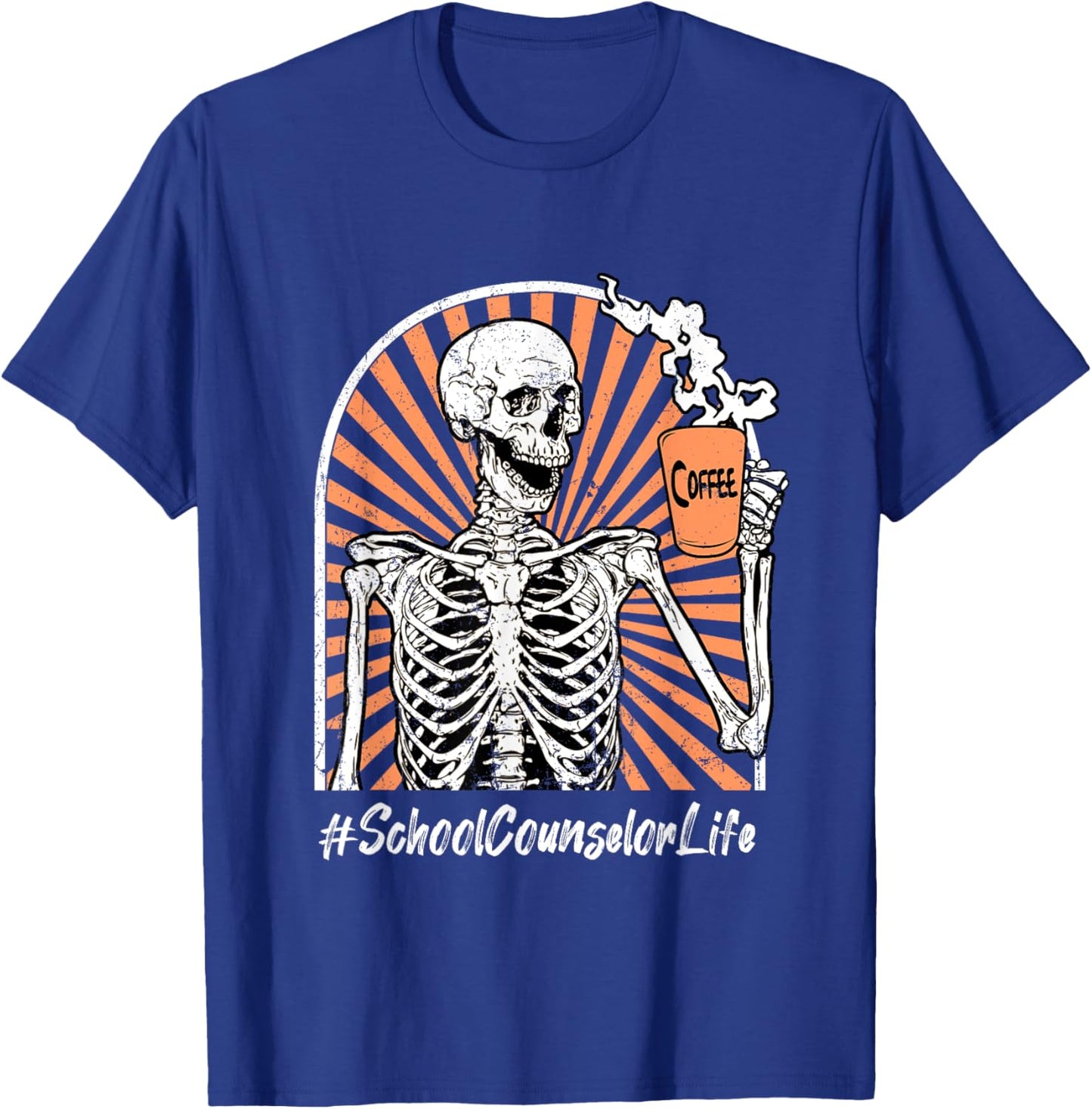 School Counselor Life Coffee Skeleton Exhausted Funny T-Shirt - T-Shirt | Royal