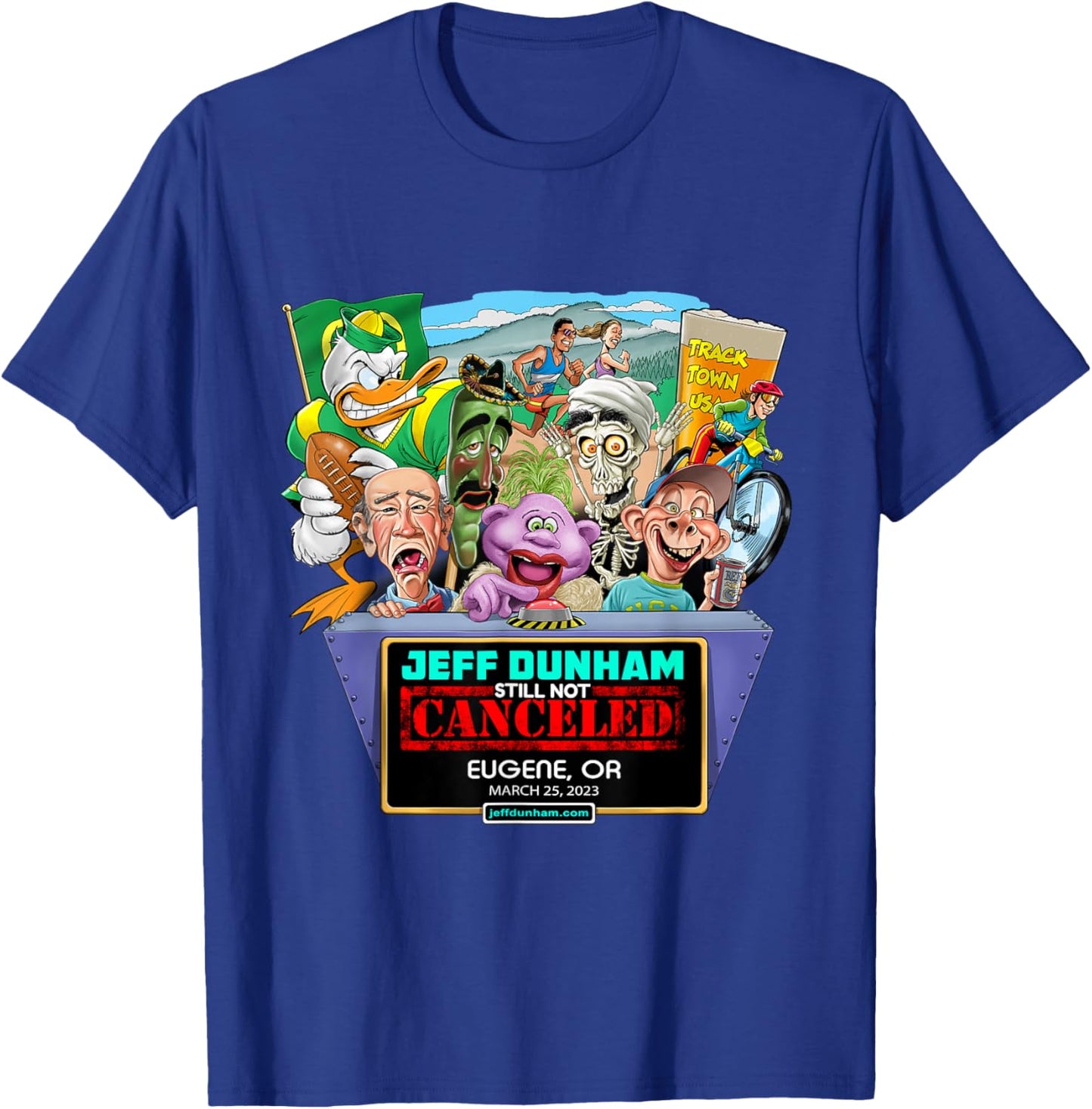 Jeff Dunham 2023 Eugene, OR Black Cotton - Classic Fit, Short Sleeve, Letter Print T-Shirt - T-Shirt | Royal
