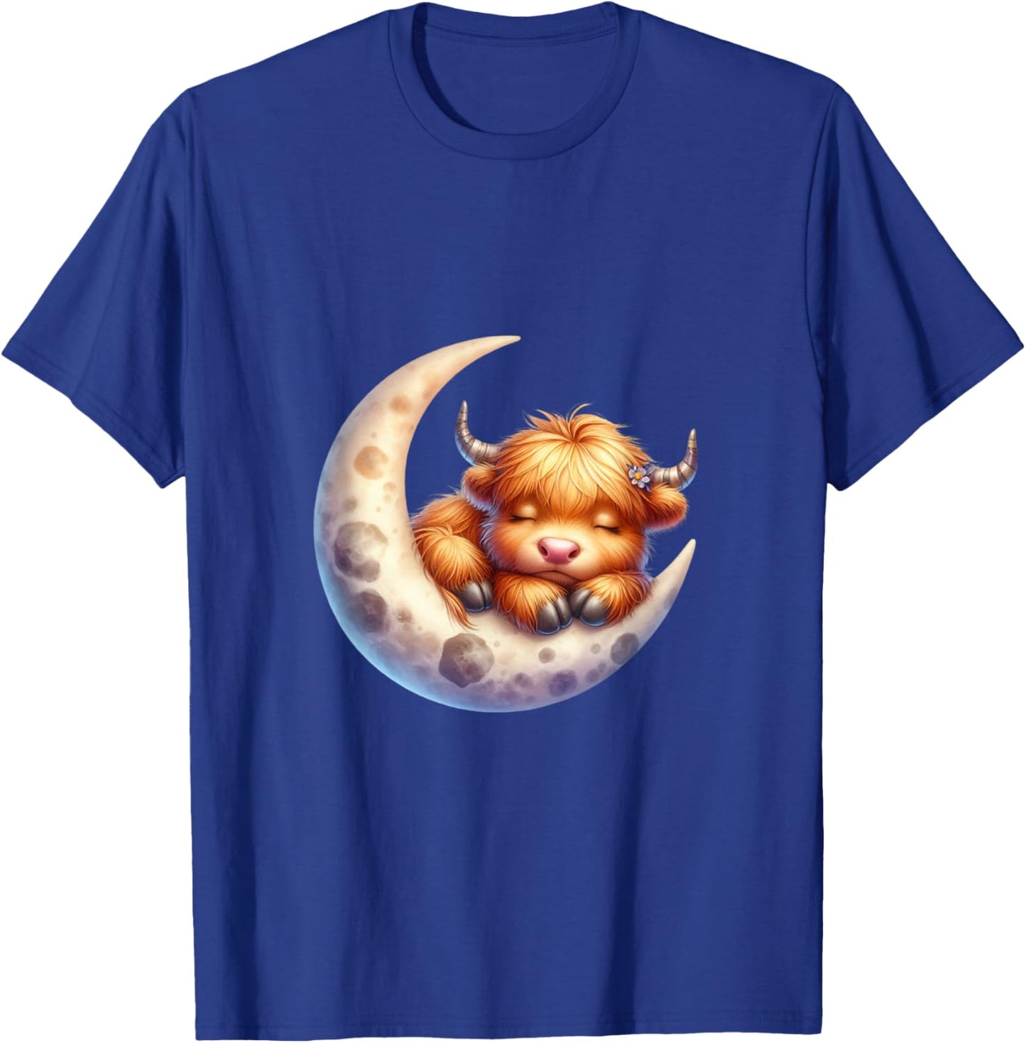 Cute Baby Highland Cow Sleeping on the Moon Heifer Farm T-Shirt - T-Shirt | Royal