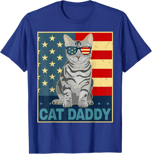 Cat Daddy Tabby Cat Dad Gift Men American Flag Cat Patriotic T-Shirt - T-Shirt | Royal