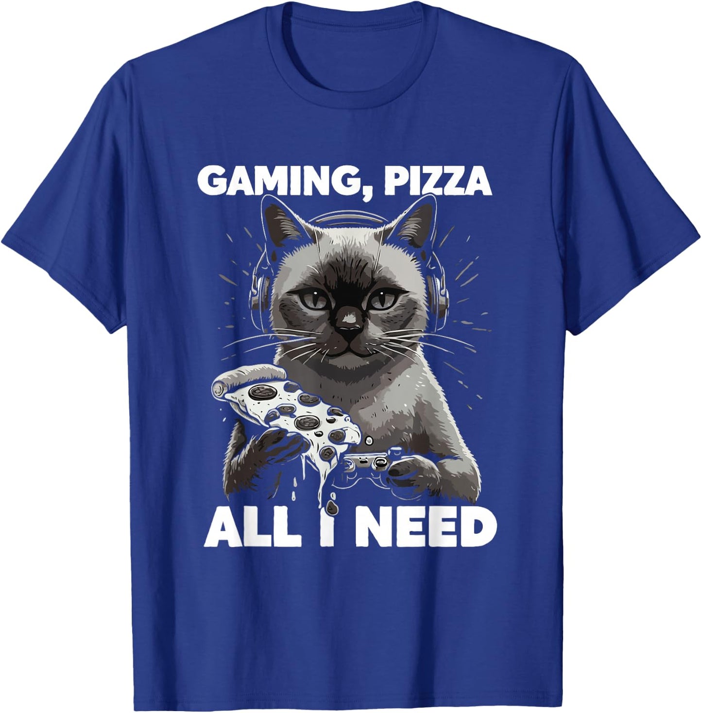 Gaming Cat with Pizza All Need Cats Lover Gamer T-Shirt - T-Shirt | Royal