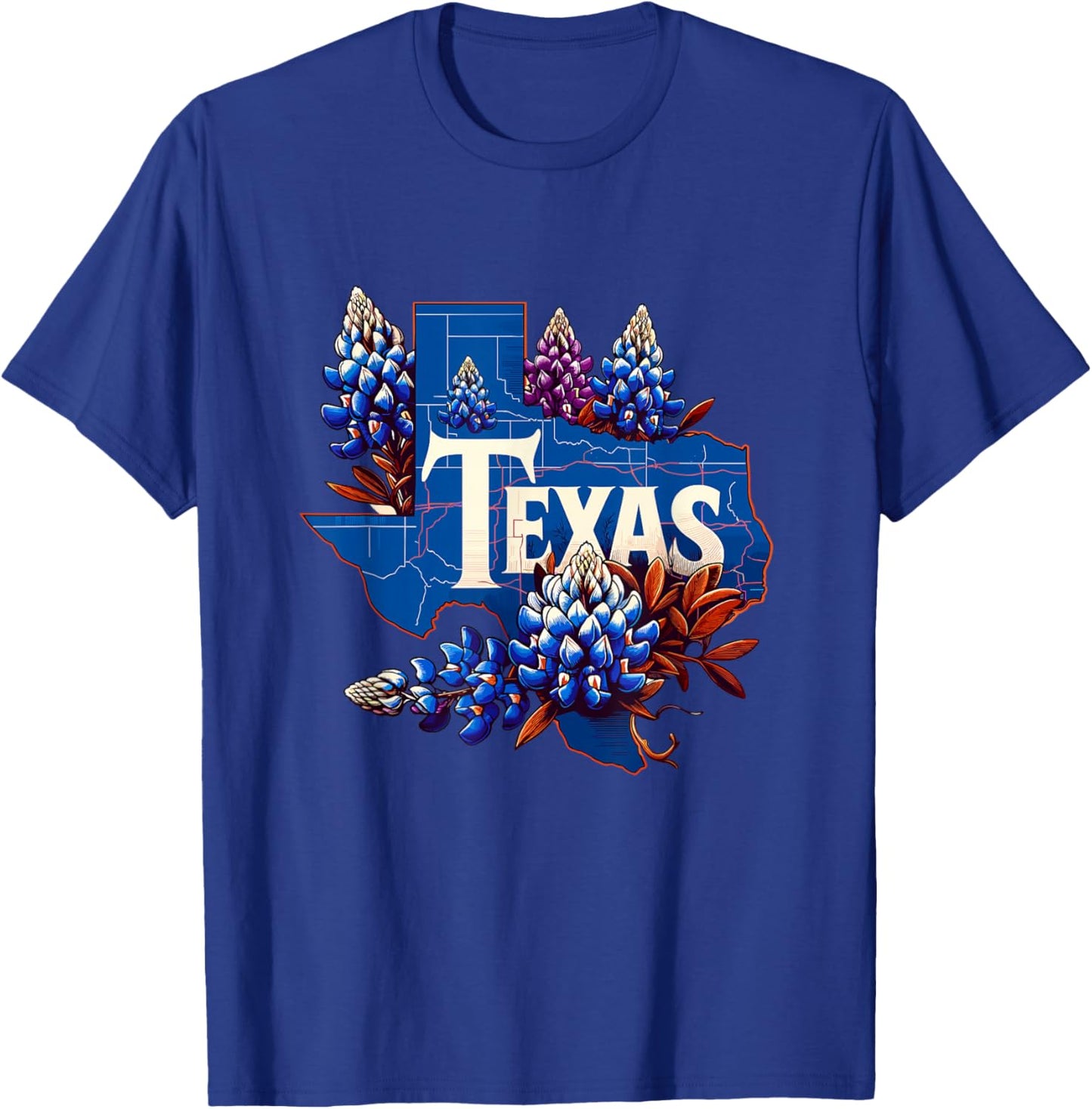 Texas State Outline Bluebonnet State Texas Flower T-Shirt - T-Shirt | Royal
