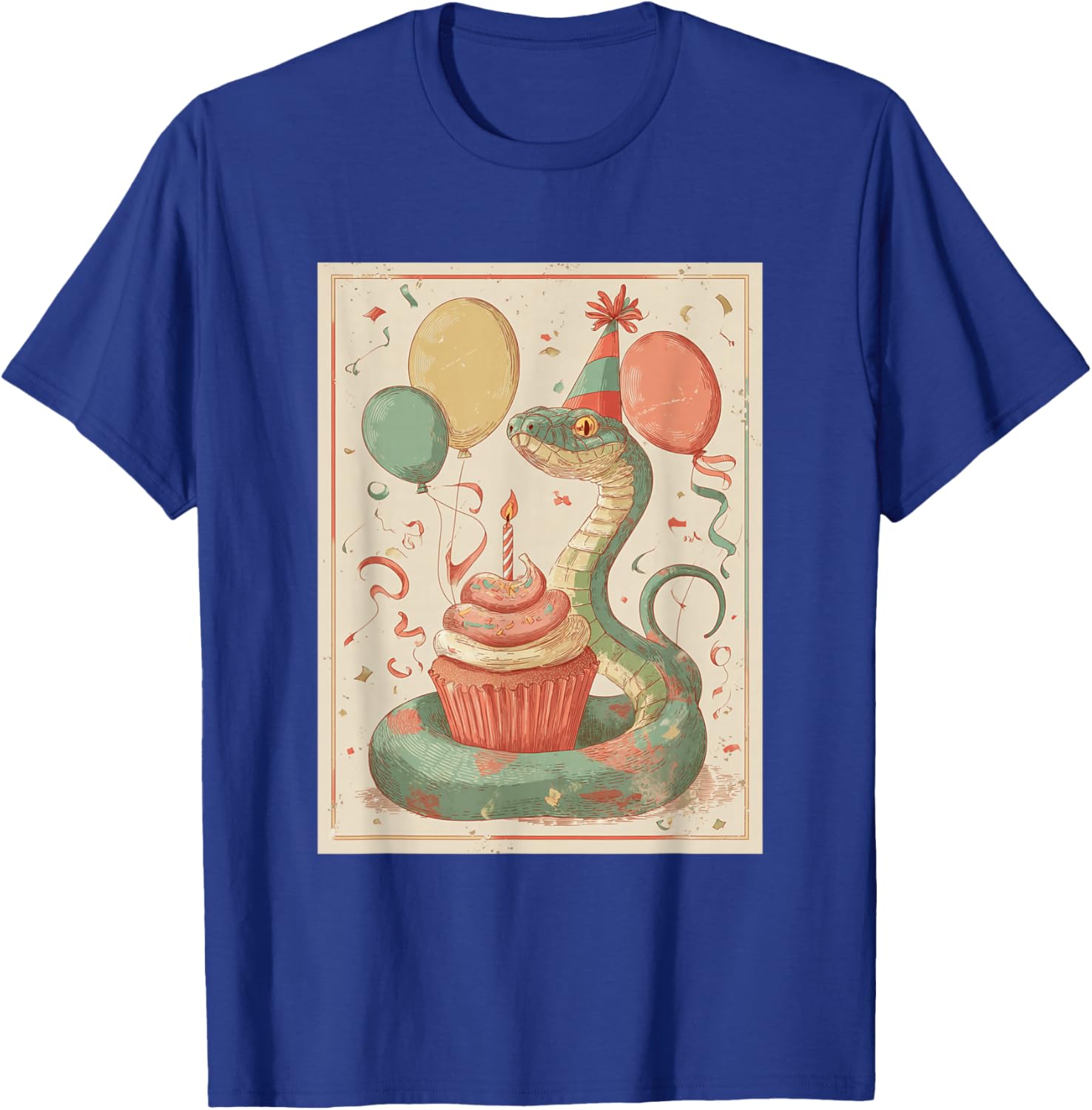 Snake Retro Art Print Birthday Party Balloons & Cupcake T-Shirt - T-Shirt | Royal