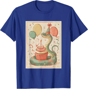 Snake Retro Art Print Birthday Party Balloons & Cupcake T-Shirt - T-Shirt | Royal