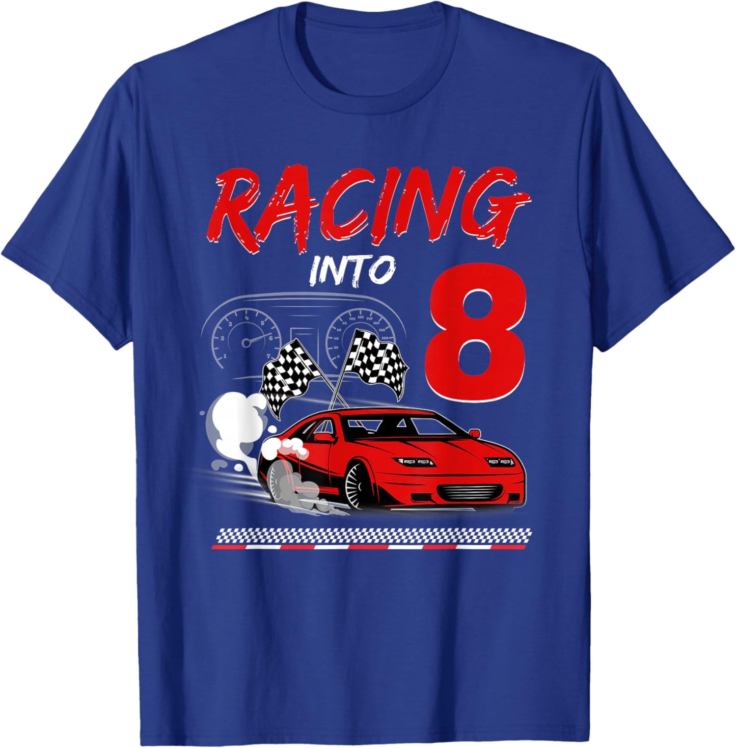 Racing into 8 Year Old Birthday Race Car 8th Boy Party T-Shirt - T-Shirt | Royal