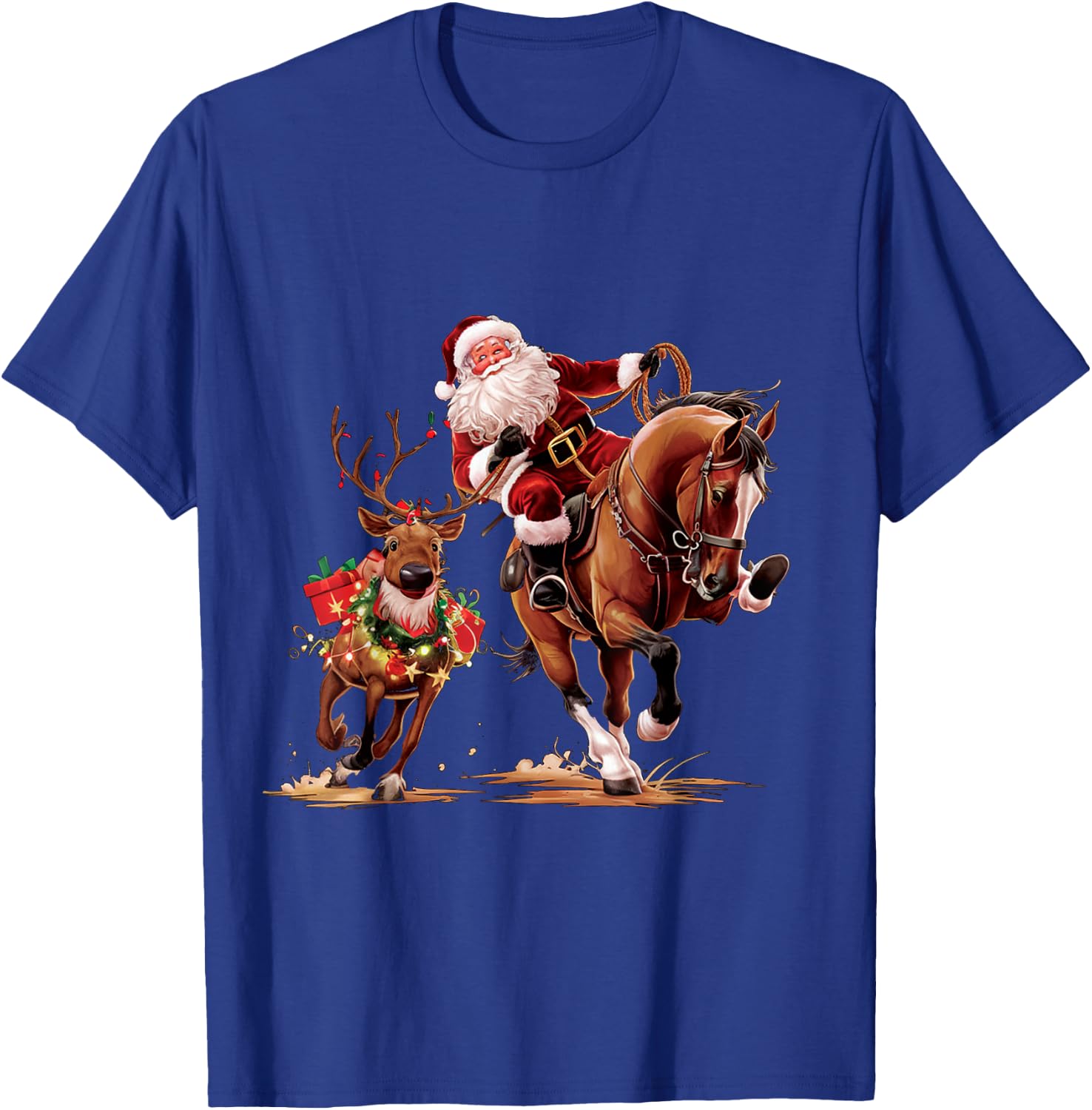 Funny Cowboy Santa Bulldogging Christmas Cowboy Western Xmas T-Shirt - T-Shirt | Royal
