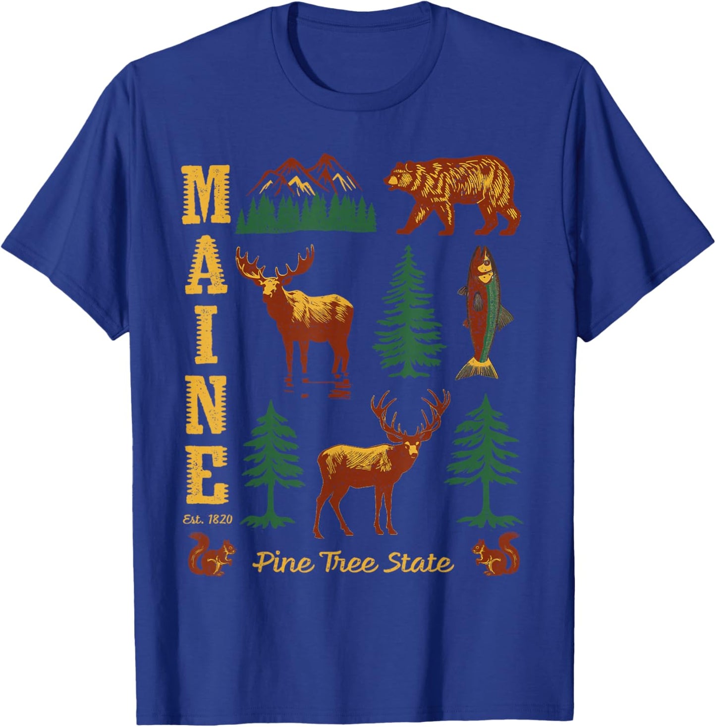 Maine Vintage Style Bear Moose Trees Deer Retro Souvenir T-Shirt - T-Shirt | Royal