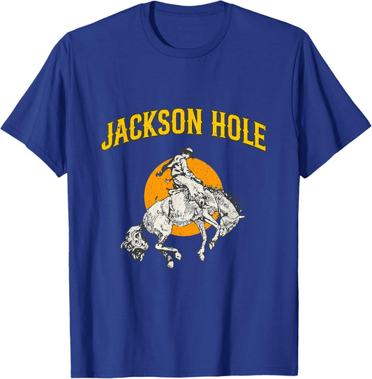 Rodeo Cowboy Riding A Bucking Horse Jackson Hole Wyoming T-Shirt - T-Shirt | Royal