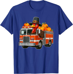 Turkey Driving Fire Truck Thanksgiving Driver Fall Pumpkins T-Shirt - T-Shirt | Royal