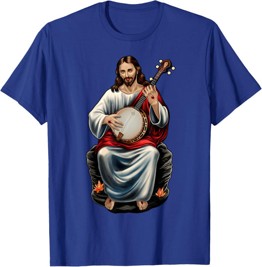 Jesus Christian Religious Playing Banjo Bluegrass T-Shirt - T-Shirt | Royal
