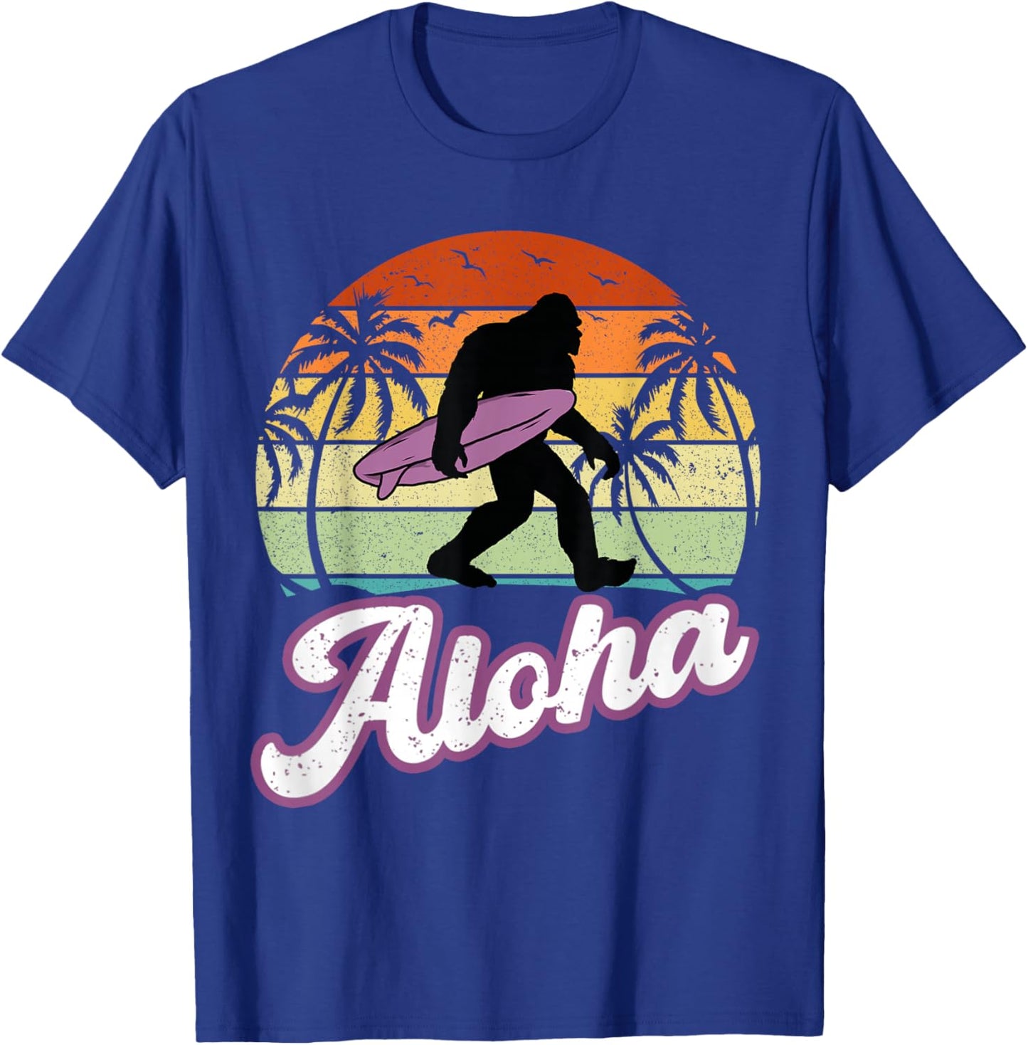Aloha Bigfoot Cradling Surfboard Sasquatch in Hawaii Vintage T-Shirt - T-Shirt | Royal