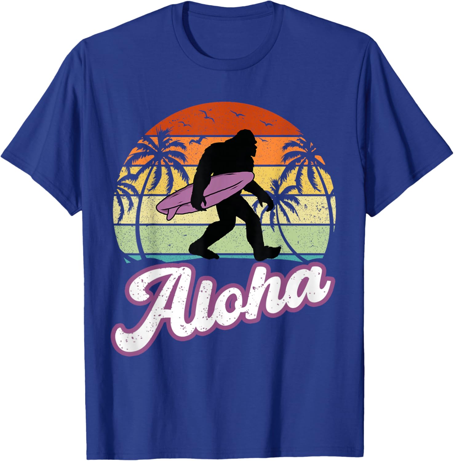 Aloha Bigfoot Cradling Surfboard Sasquatch in Hawaii Vintage T-Shirt - T-Shirt | Royal