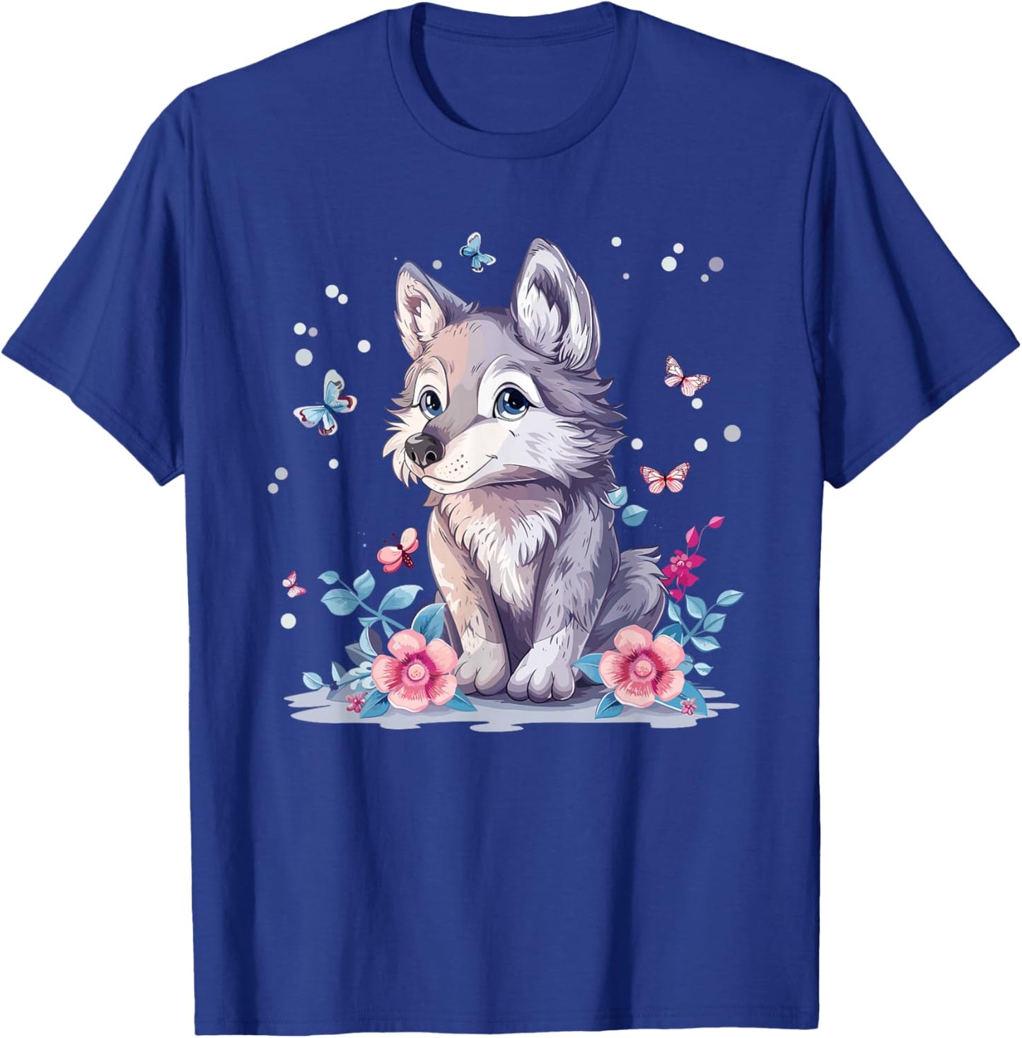 Cute Wolf With Flowers I Kids Wolf T-Shirt - T-Shirt | Royal