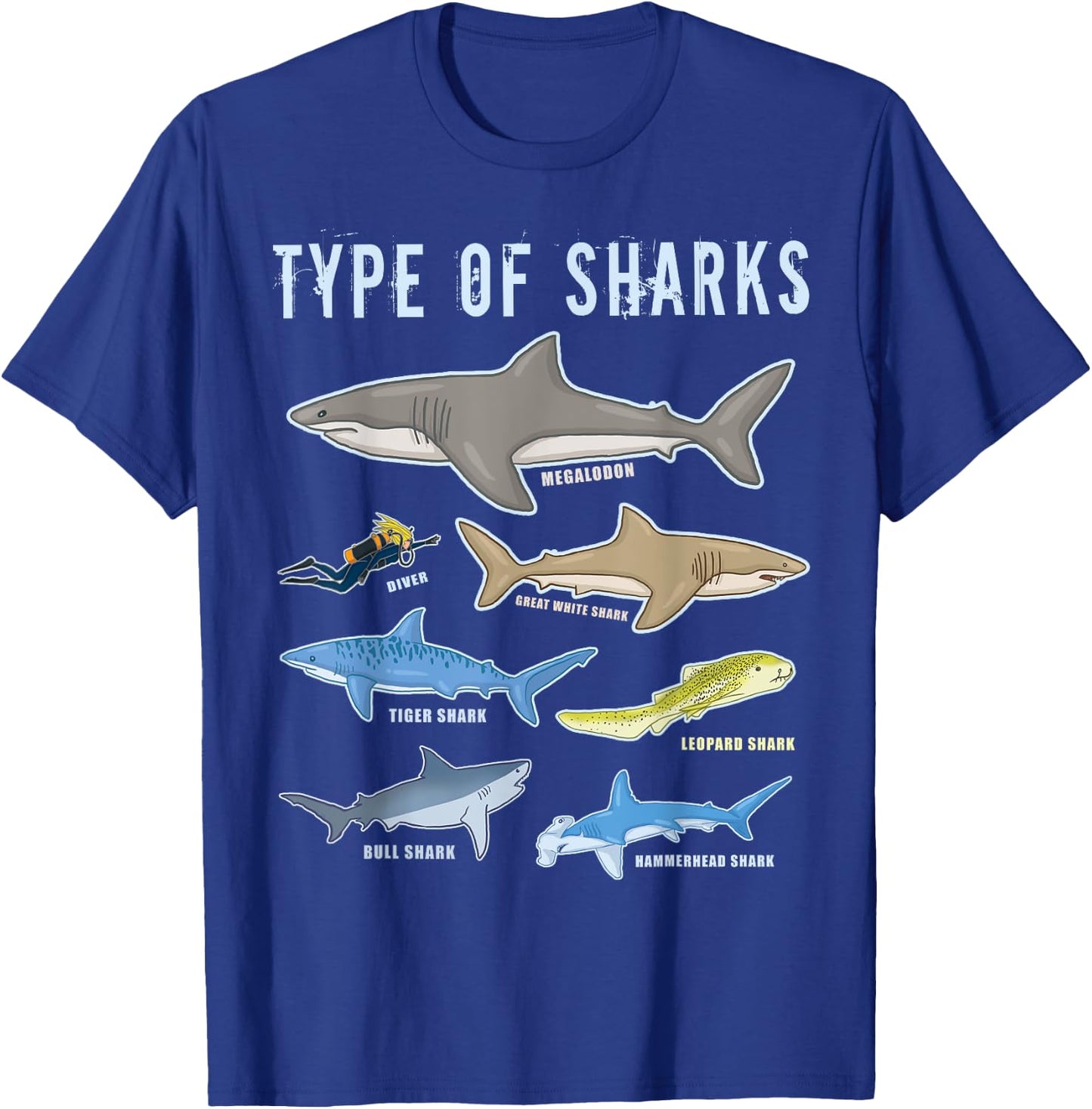 Scuba Shark Gifts HT Type of Sharks 6 Sharks Sea Creatures Cute Shark T-Shirt - T-Shirt | Royal