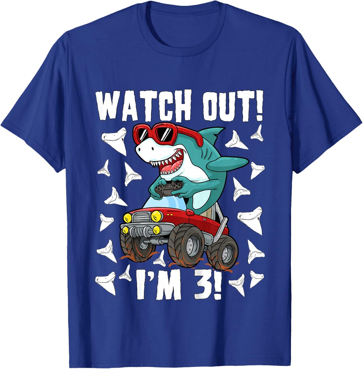 Kids 3 Years Old 3rd Birthday Shark Boy Girl Monster Truck Gamer T-Shirt - T-Shirt | Royal