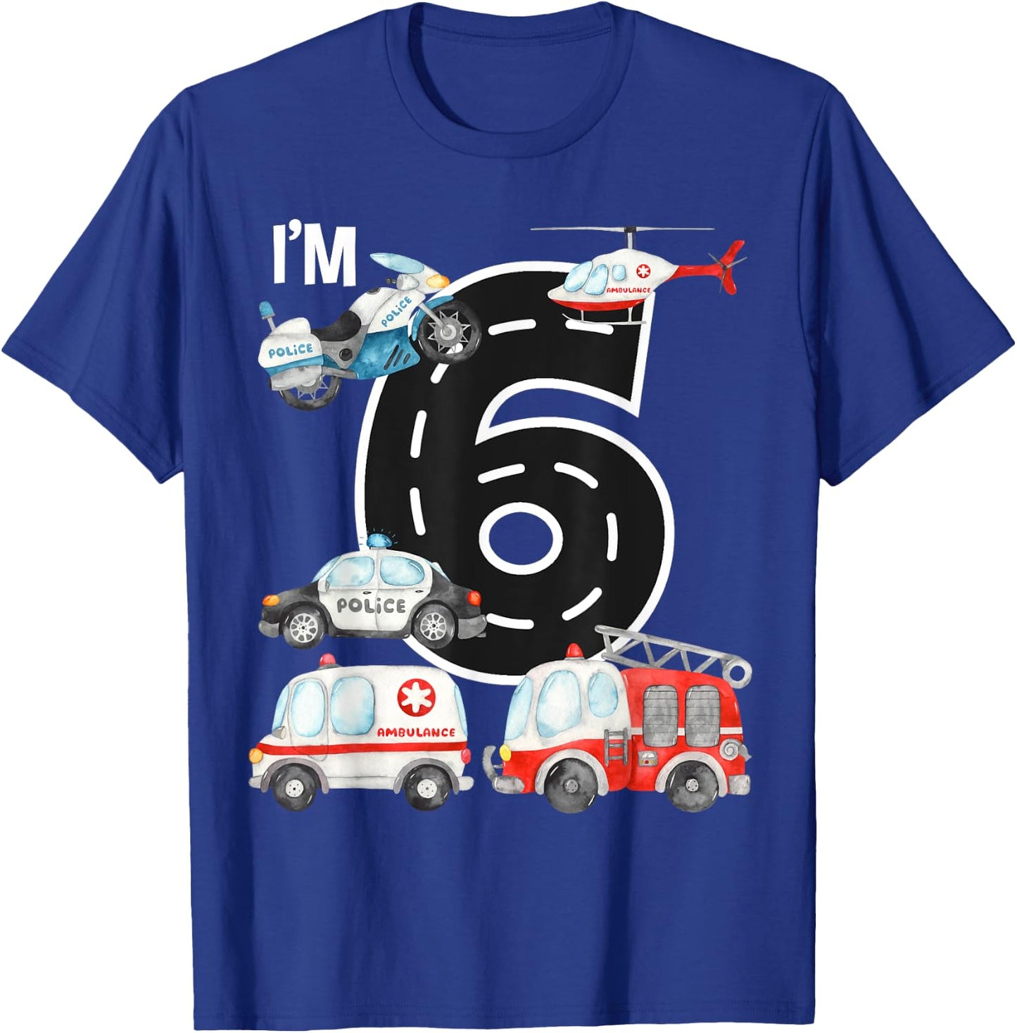 Emergency Vehicles 6th Birthday Fire Truck Police Car Boys T-Shirt - T-Shirt | Royal